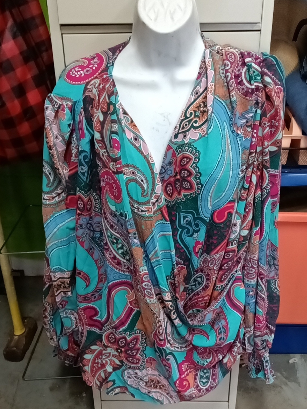SHEIN Turquoise and Pink Paisley Draped V-Neck Blouse